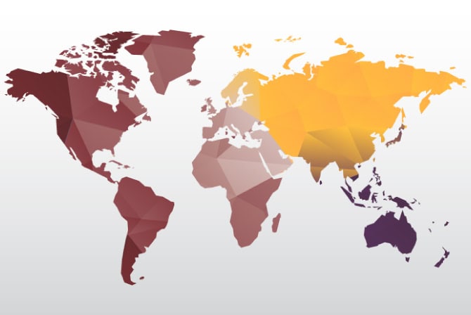 map of the world with purple, yellow and red colors