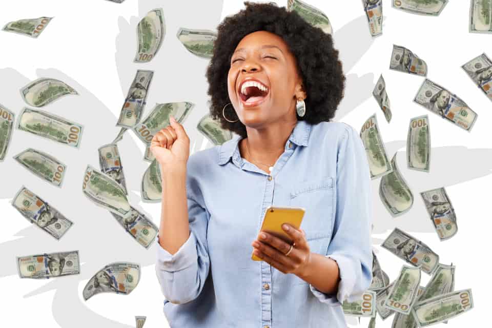 woman smiling money falling